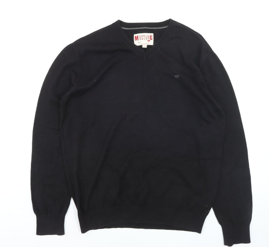 Mustang Men's Black V-Neck Cotton Pullover Jumper Size L