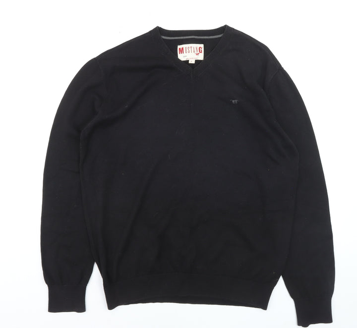 Mustang Men's Black V-Neck Cotton Pullover Jumper Size L