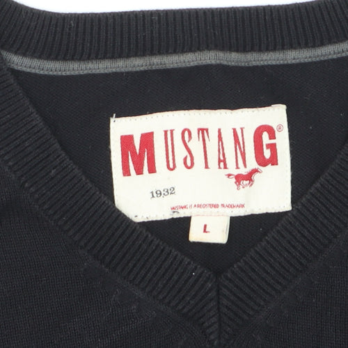 Mustang Men's Black V-Neck Cotton Pullover Jumper Size L