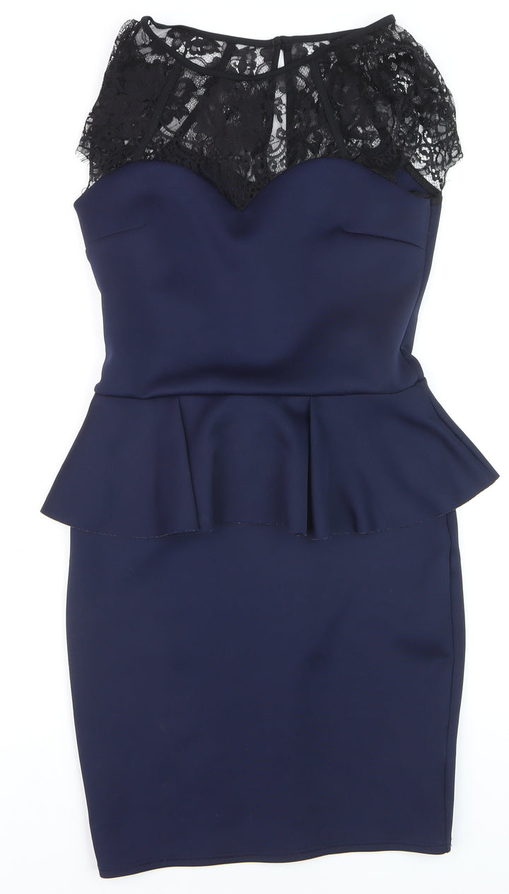 Lipsy Women Blue Lace Peplum Bodycon Dress Size 12
