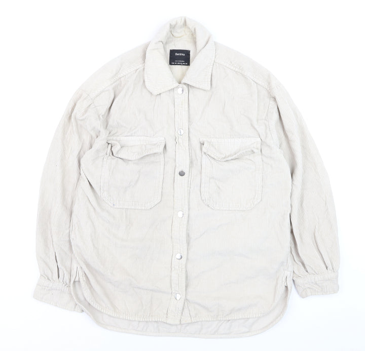 Bershka Men's Beige Corduroy Button-Up Casual Shirt Size M