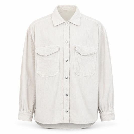 Front view of Bershka Men's Beige Corduroy Button-Up Casual Shirt, size M