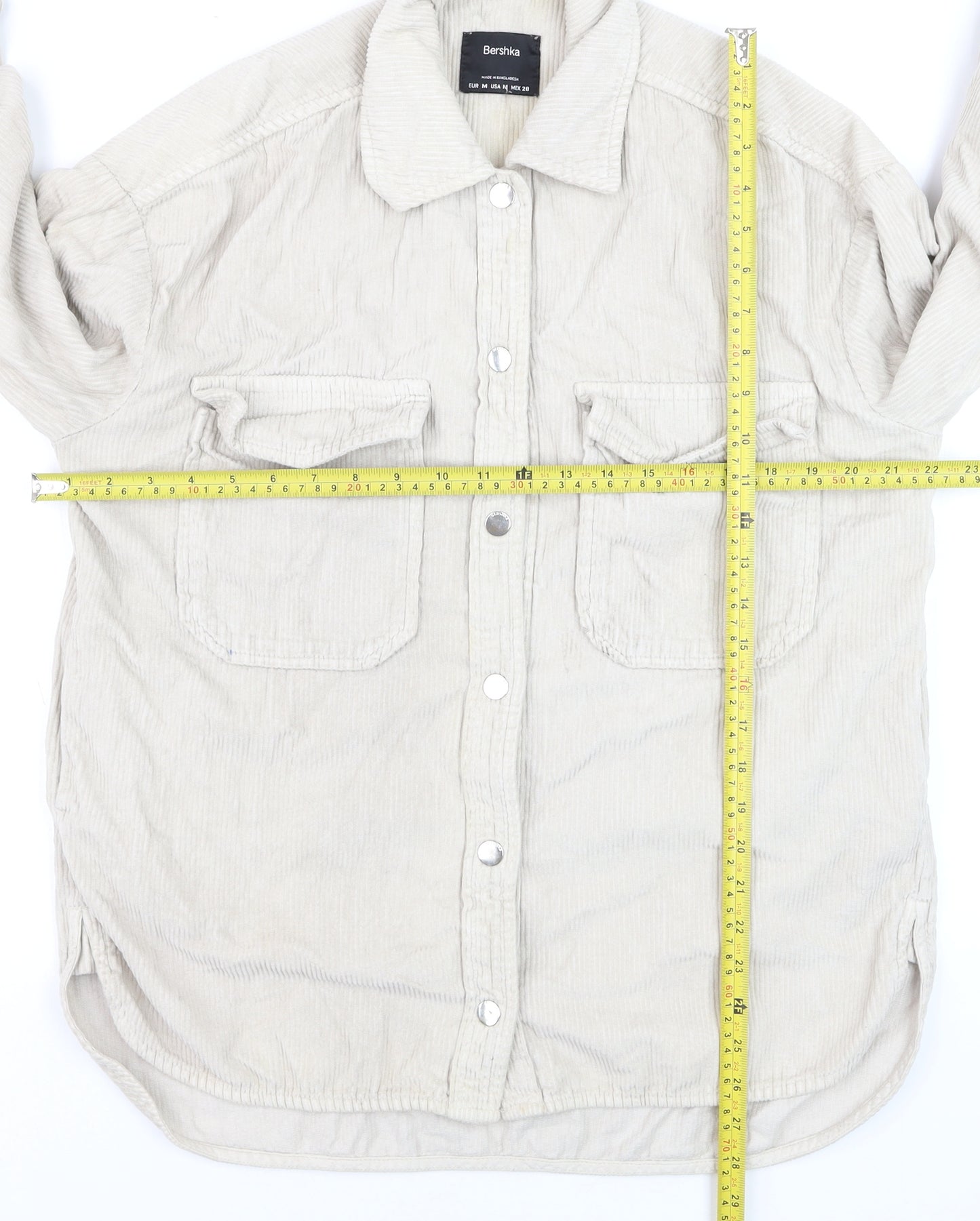 Bershka Men's Beige Corduroy Button-Up Casual Shirt Size M