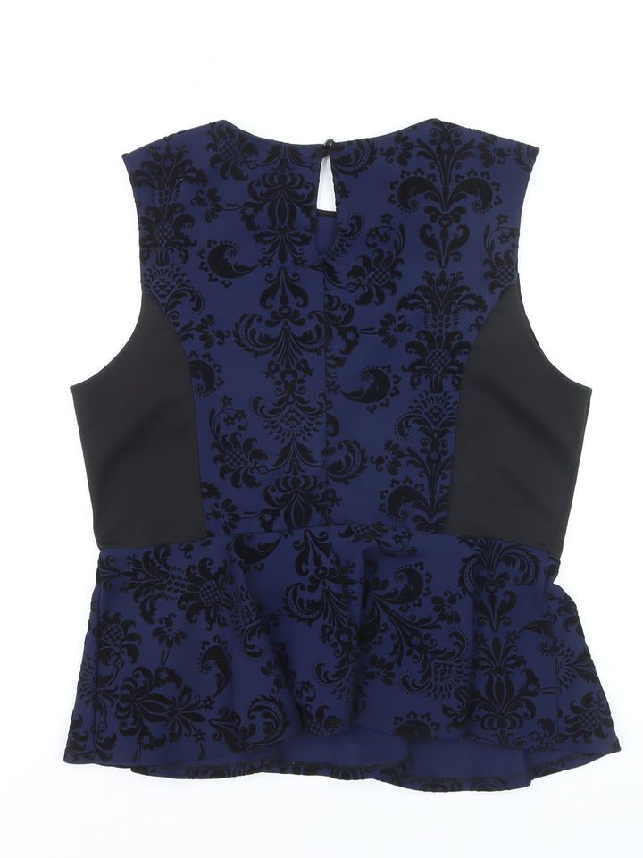 Dorothy Perkins Womens Blue Velvet Floral Peplum Sleeveless Blouse Size 18