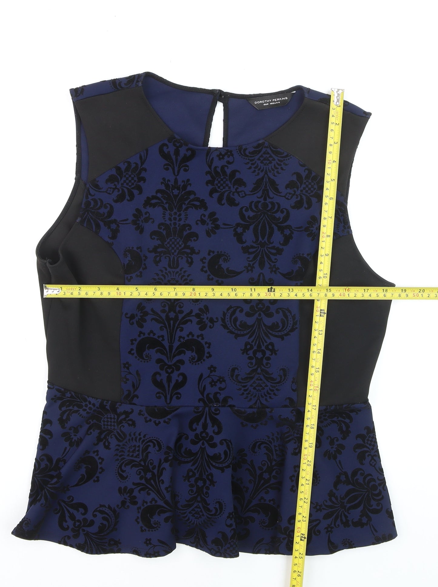 Dorothy Perkins Womens Blue Velvet Floral Peplum Sleeveless Blouse Size 18
