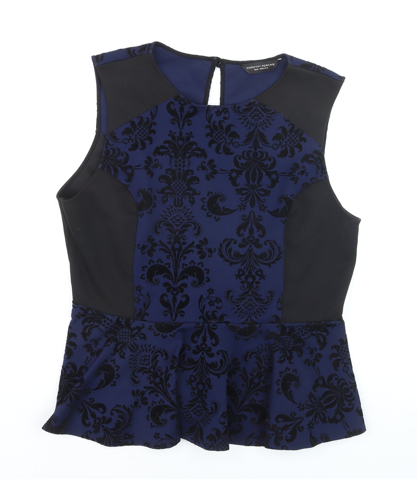 Dorothy Perkins Womens Blue Velvet Floral Peplum Sleeveless Blouse Size 18