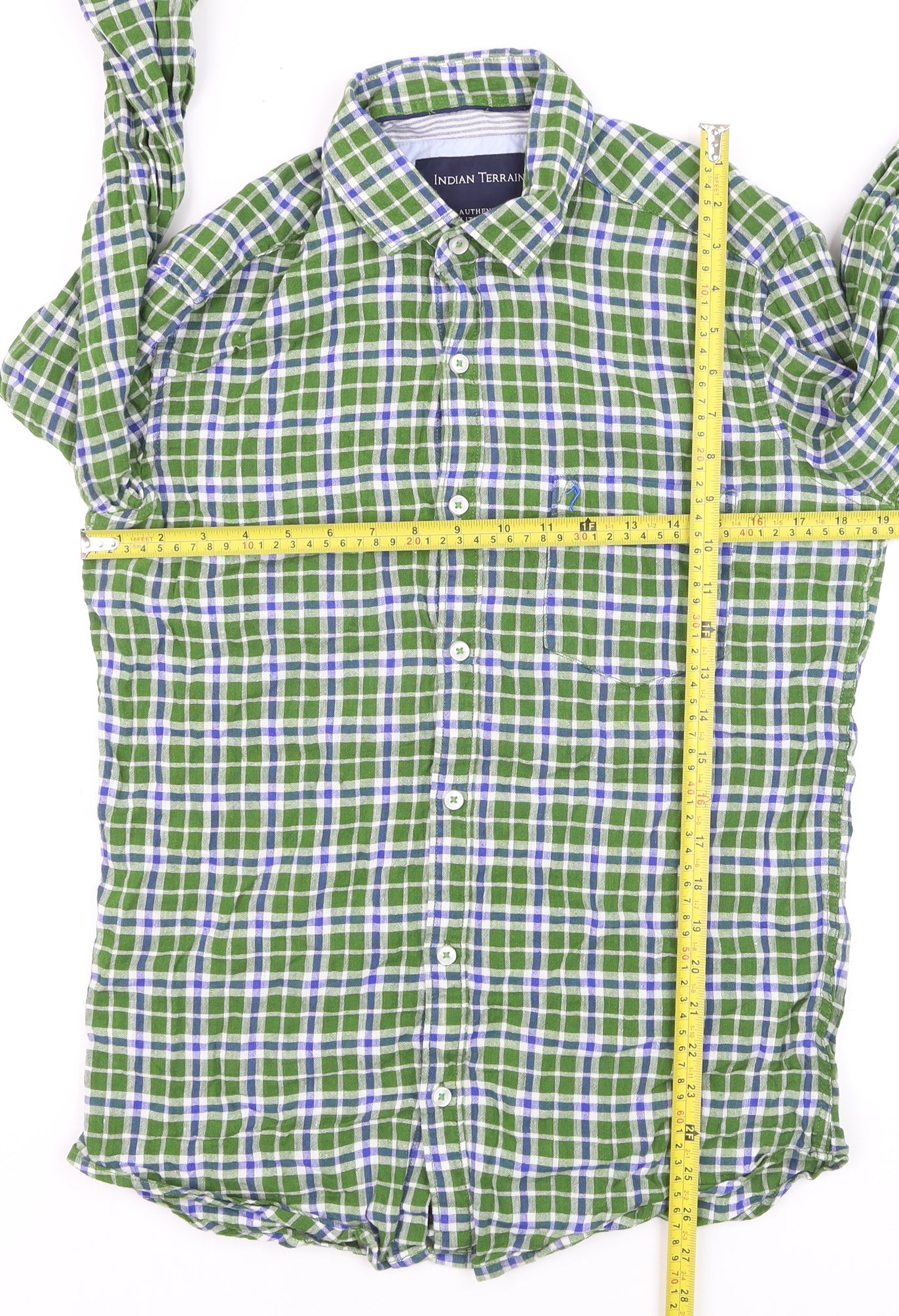Indian Terrain Men's Green Check Long Sleeve Cotton Shirt L