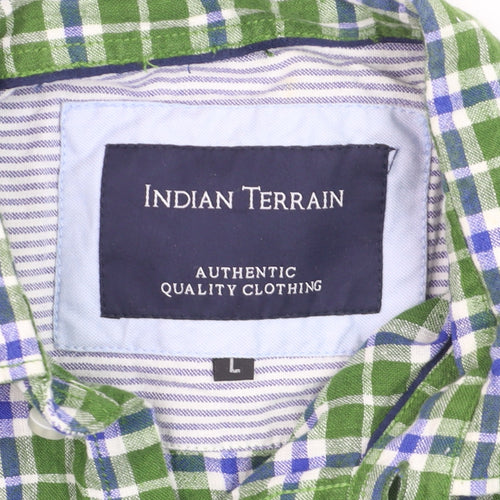 Indian Terrain Men's Green Check Long Sleeve Cotton Shirt L