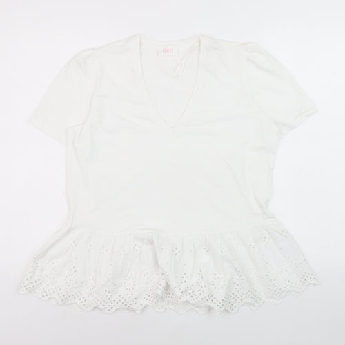 Savida Women White V-Neck Tunic T-Shirt Size 16 Cotton Embroidered Hem
