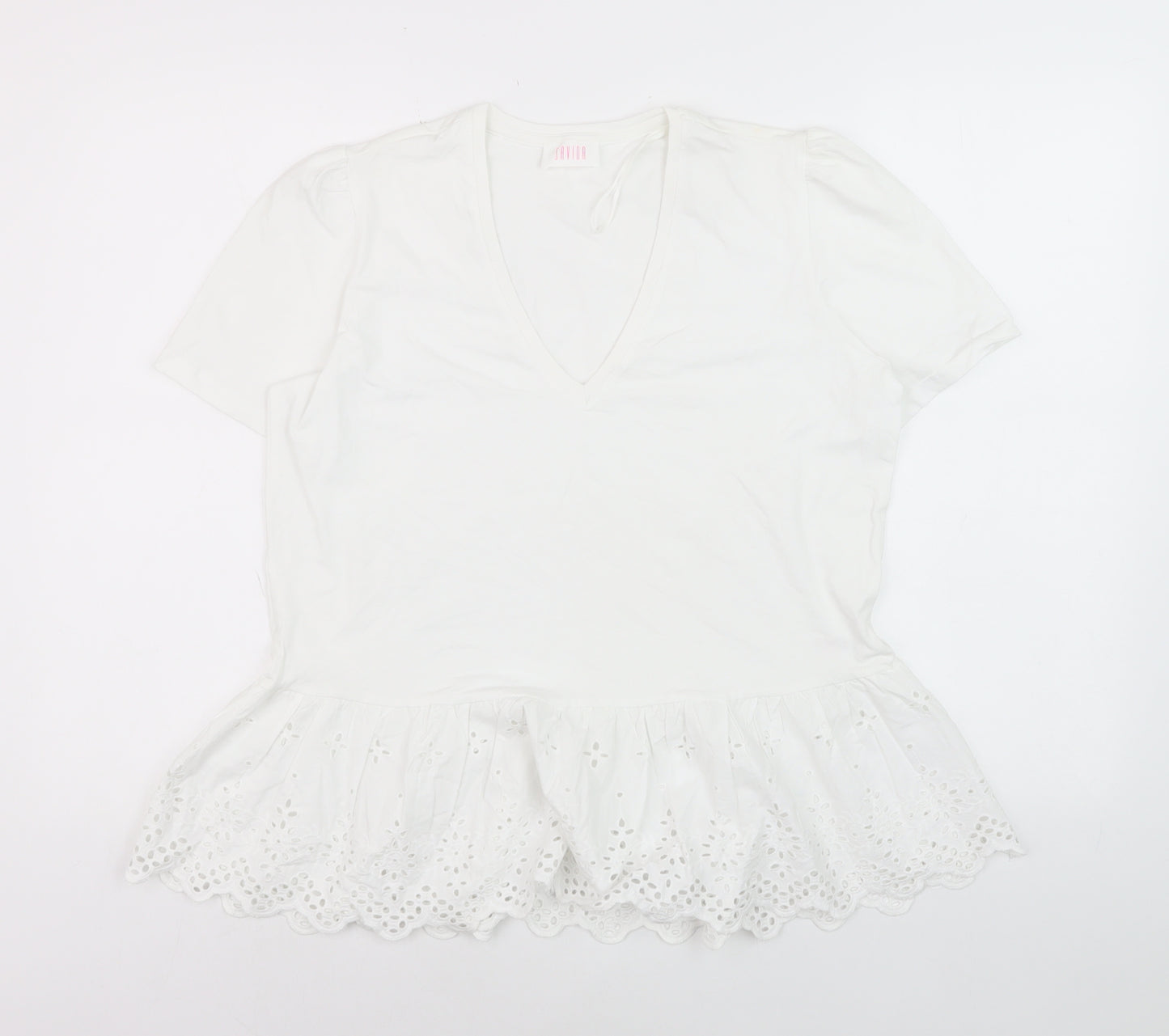Savida Women White V-Neck Tunic T-Shirt Size 16 Cotton Embroidered Hem