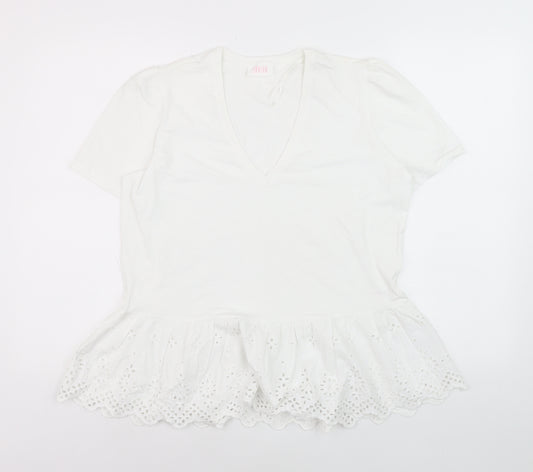 Savida Women White V-Neck Tunic T-Shirt Size 16 Cotton Embroidered Hem