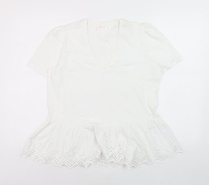 Savida Women White V-Neck Tunic T-Shirt Size 16 Cotton Embroidered Hem