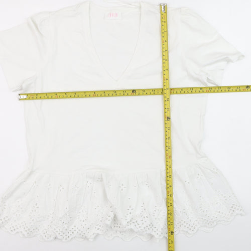 Savida Women White V-Neck Tunic T-Shirt Size 16 Cotton Embroidered Hem
