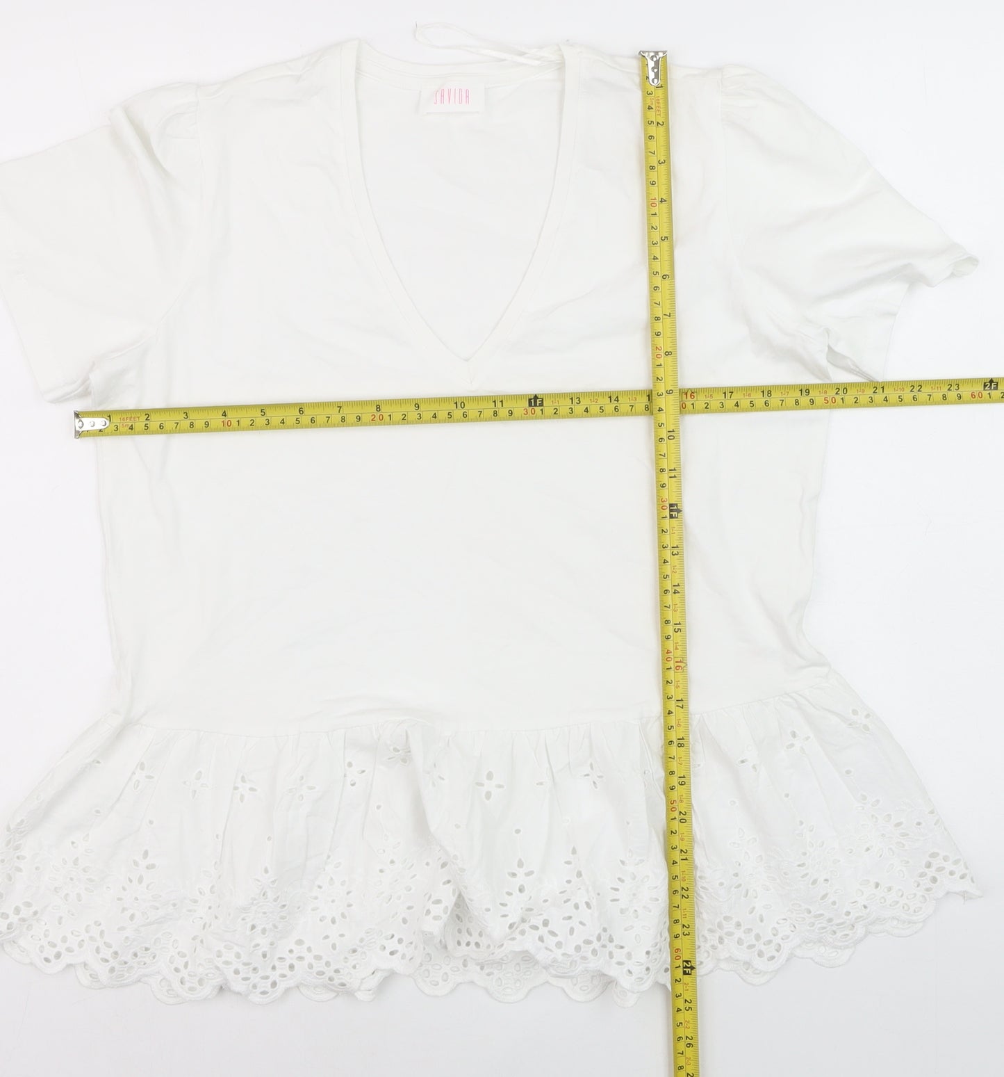 Savida Women White V-Neck Tunic T-Shirt Size 16 Cotton Embroidered Hem