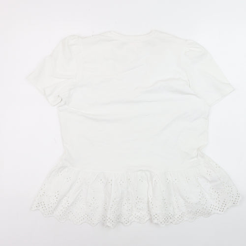 Savida Women White V-Neck Tunic T-Shirt Size 16 Cotton Embroidered Hem