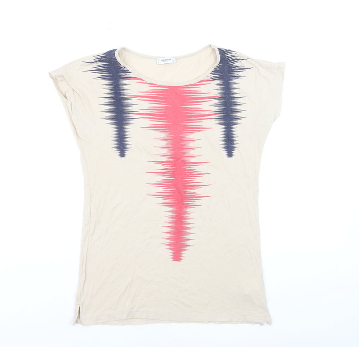 Pull&Bear Women’s Beige Geometric Print Cotton T-Shirt Size 8