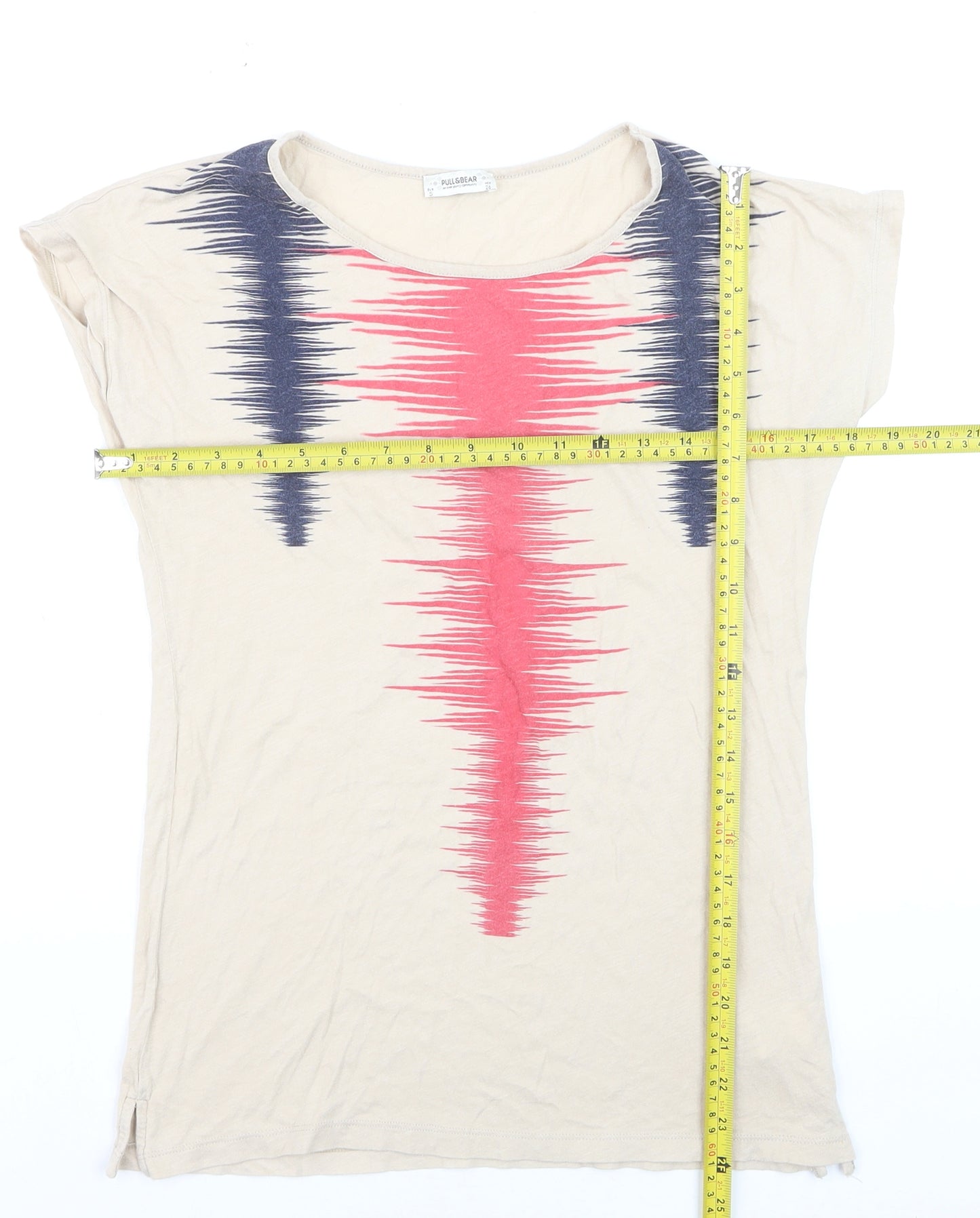 Pull&Bear Women’s Beige Geometric Print Cotton T-Shirt Size 8