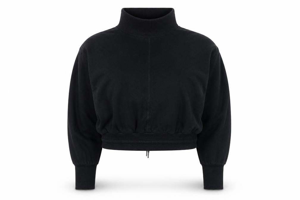 Front view of Sweaty Betty women’s black roll neck drawstring hem jumper medium