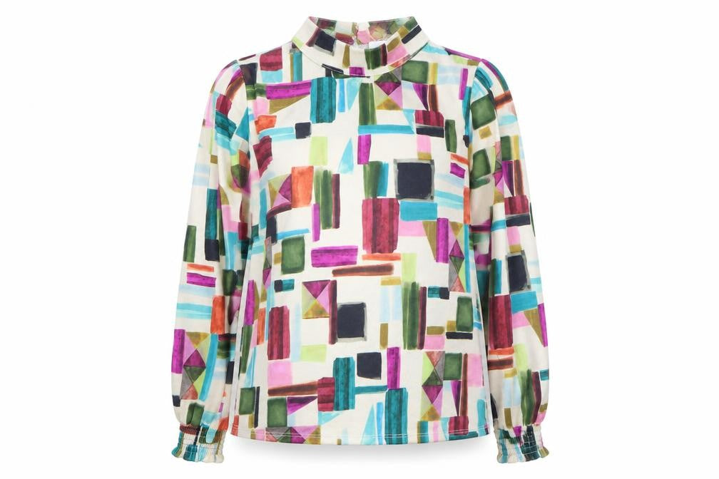 Front view of Tinta Women's Multicoloured Geometric High Neck Long Sleeve Tunic Blouse, size 16