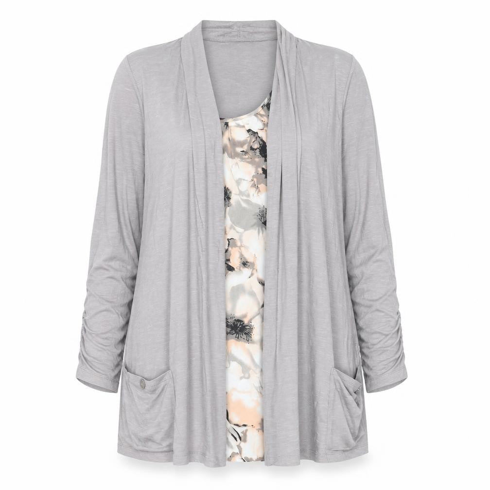 Dunnes Women Grey Floral Tunic Blouse Size 16 Long Sleeve
