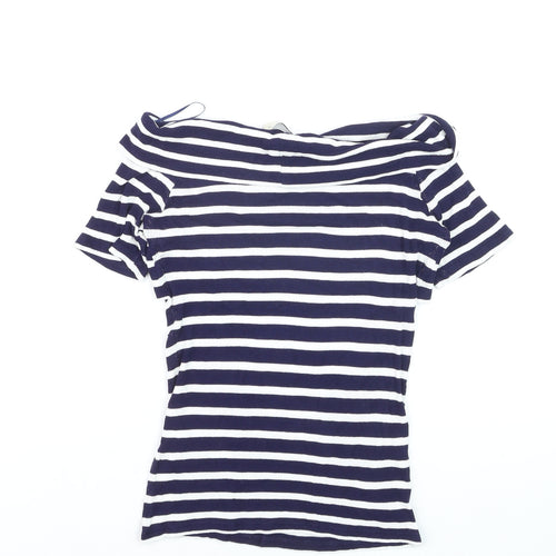 Oasis Women's Blue White Striped Off Shoulder T-Shirt Size M