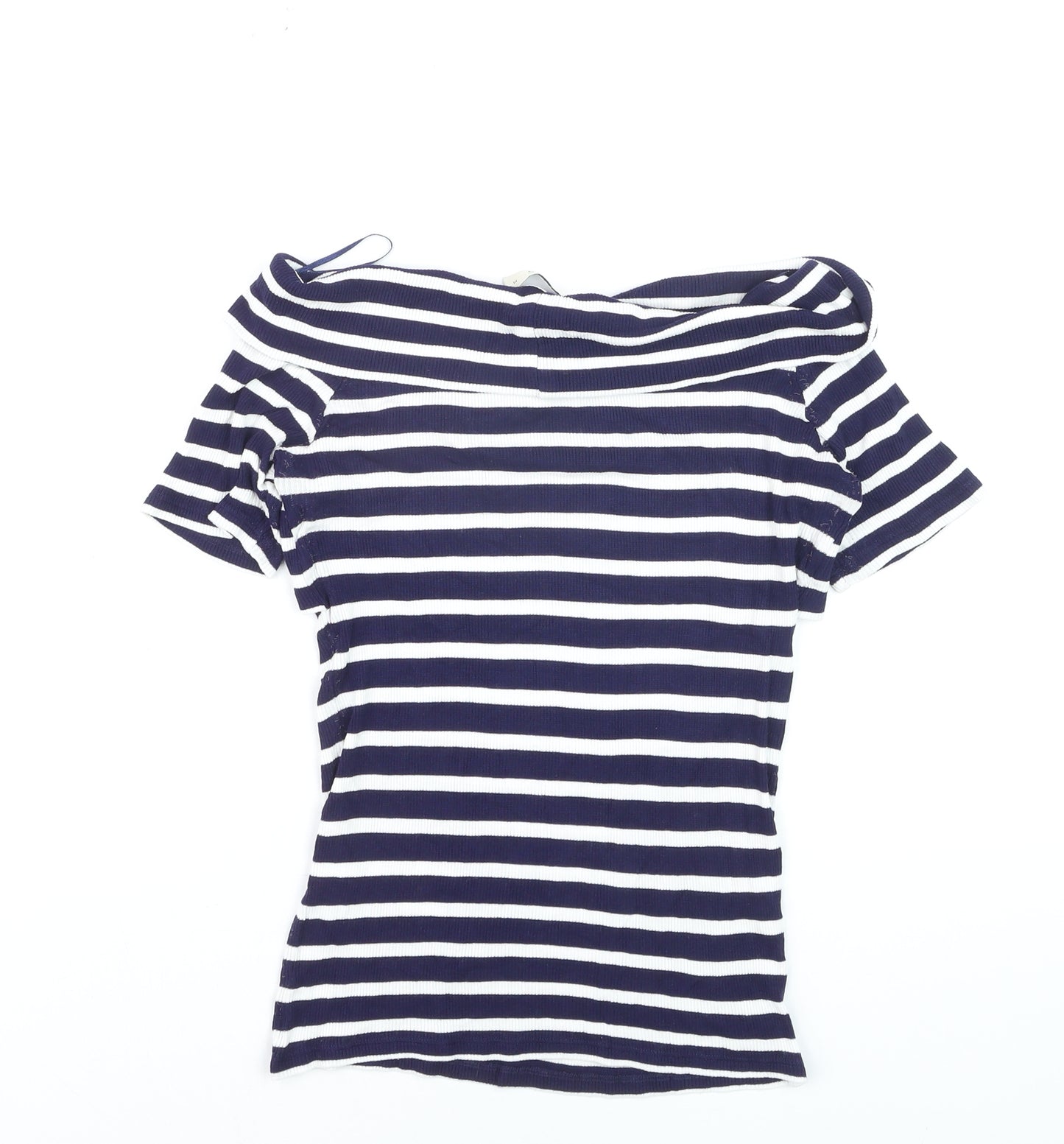 Oasis Women's Blue White Striped Off Shoulder T-Shirt Size M