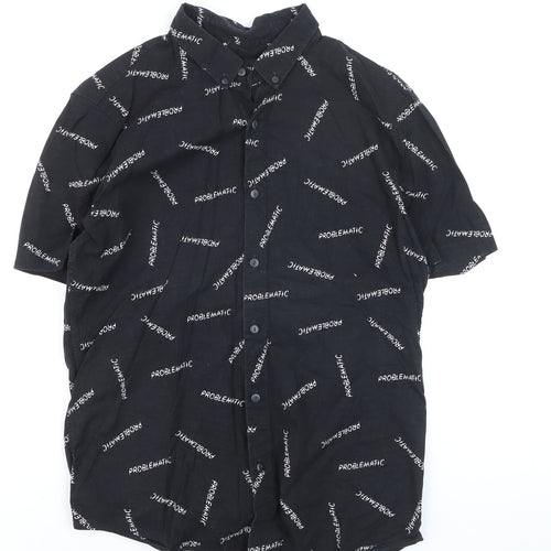Pull & Bear Men's Black Graphic Short Sleeve Button-Up Shirt L