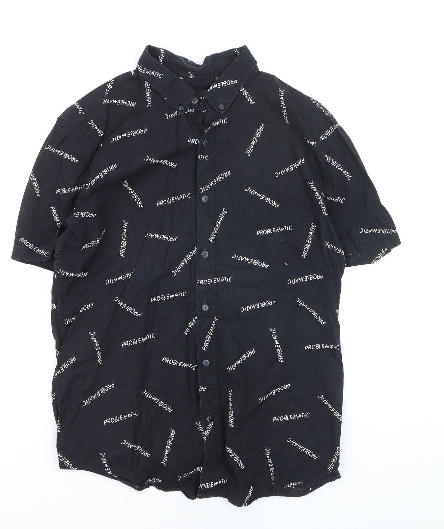 Pull & Bear Men's Black Graphic Short Sleeve Button-Up Shirt L