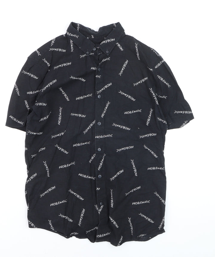 Pull & Bear Men's Black Graphic Short Sleeve Button-Up Shirt L