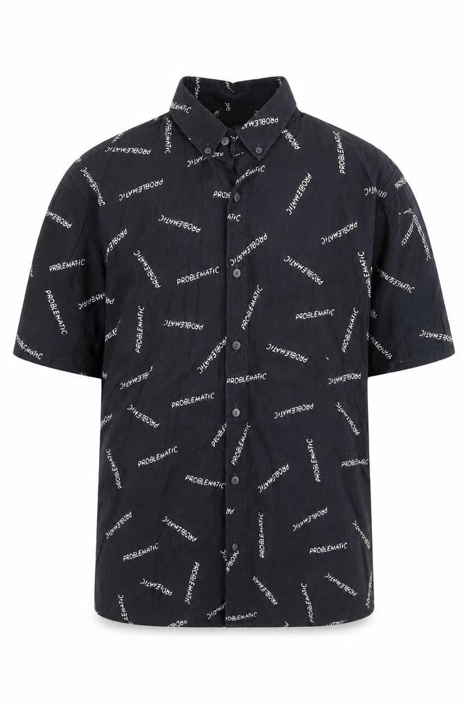 Pull&Bear Men's Black Graphic Short Sleeve Button-Up Shirt L
