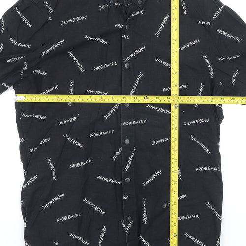 Pull & Bear Men's Black Graphic Short Sleeve Button-Up Shirt L