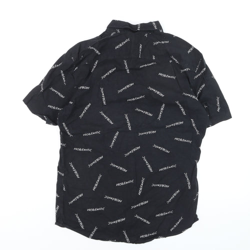 Pull & Bear Men's Black Graphic Short Sleeve Button-Up Shirt L