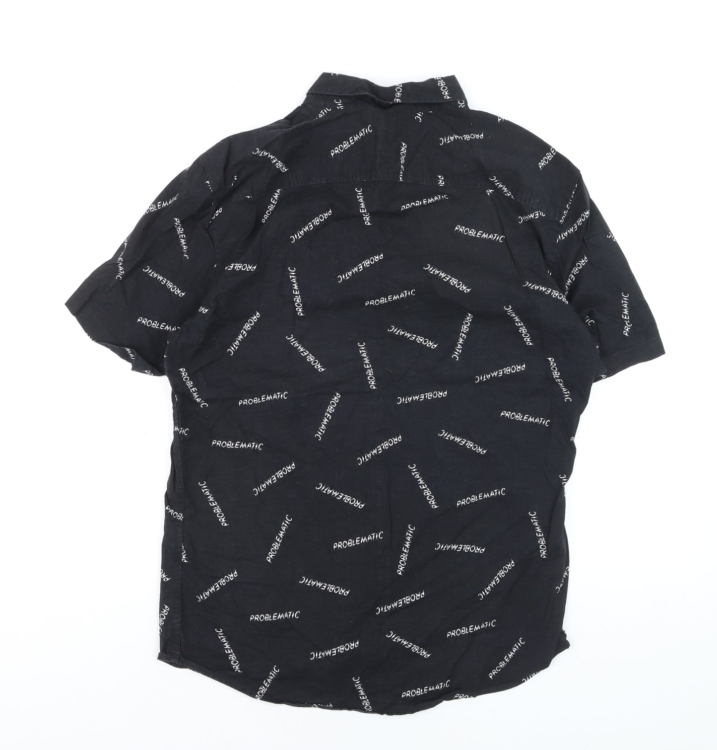 Pull & Bear Men's Black Graphic Short Sleeve Button-Up Shirt L