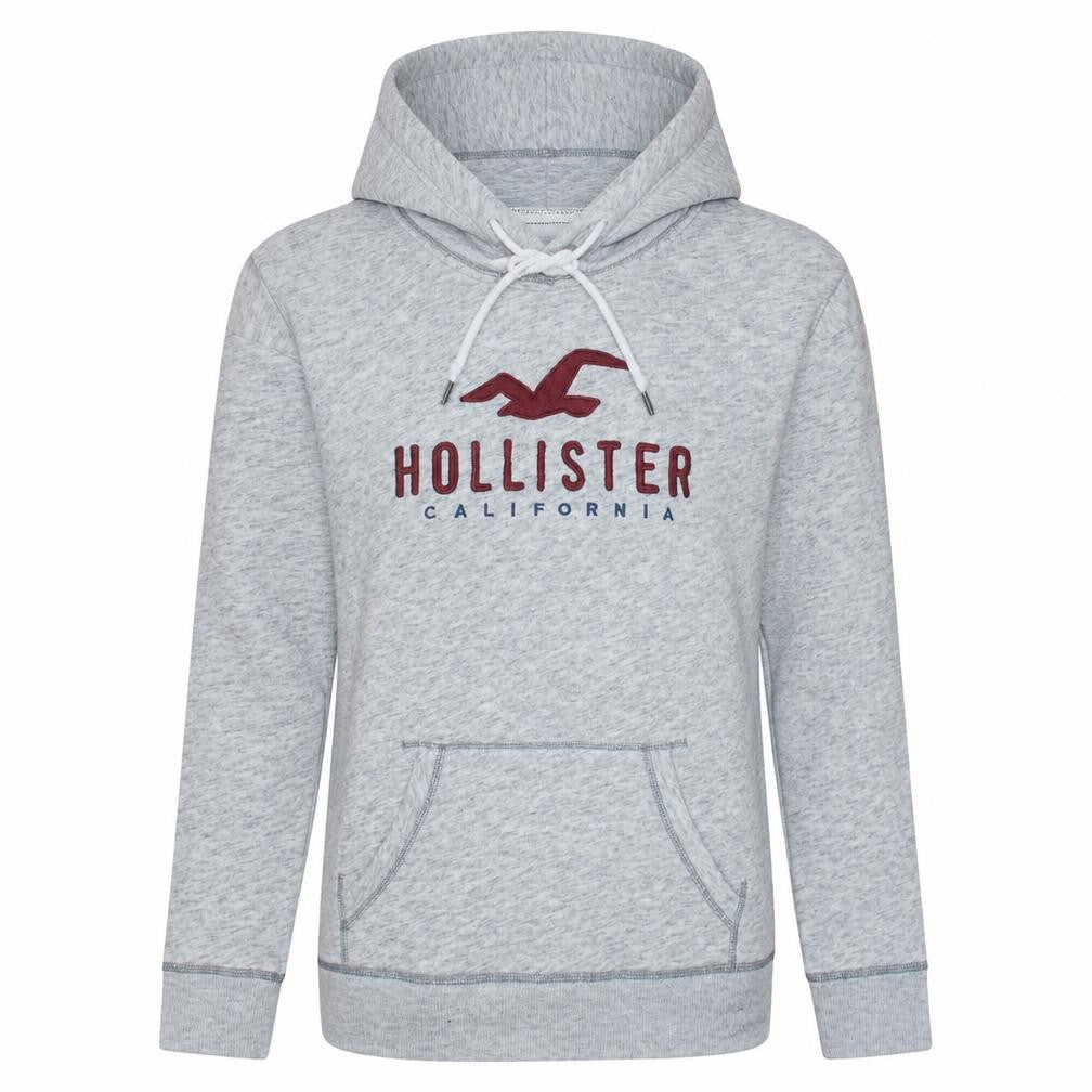 Hollister Women Grey Pullover Hoodie L Logo Graphic Soft Cotton Blend