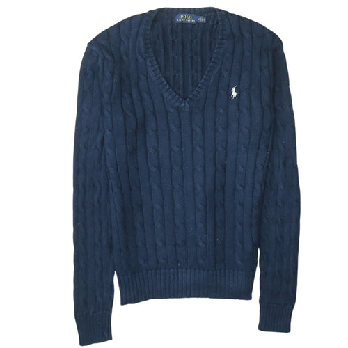 Polo Ralph Lauren Women's Blue V-Neck Cable Knit Jumper Size M