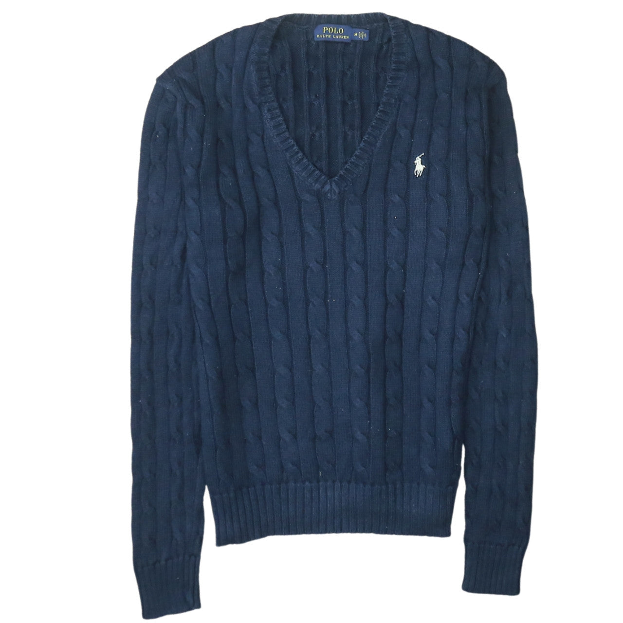 Polo Ralph Lauren Women's Blue V-Neck Cable Knit Jumper Size M
