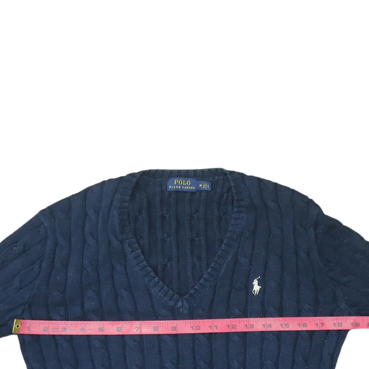 Polo Ralph Lauren Women's Blue V-Neck Cable Knit Jumper Size M