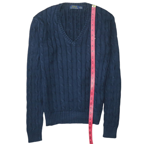 Polo Ralph Lauren Women's Blue V-Neck Cable Knit Jumper Size M