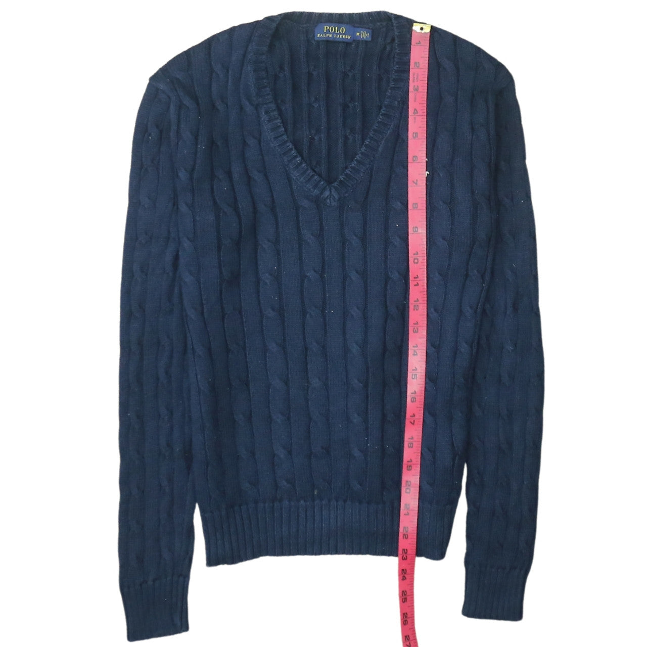 Polo Ralph Lauren Women's Blue V-Neck Cable Knit Jumper Size M