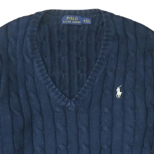 Polo Ralph Lauren Women's Blue V-Neck Cable Knit Jumper Size M
