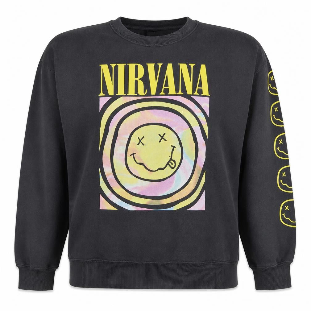 Front view of Bershka women’s black nirvana graphic pullover sweatshirt l