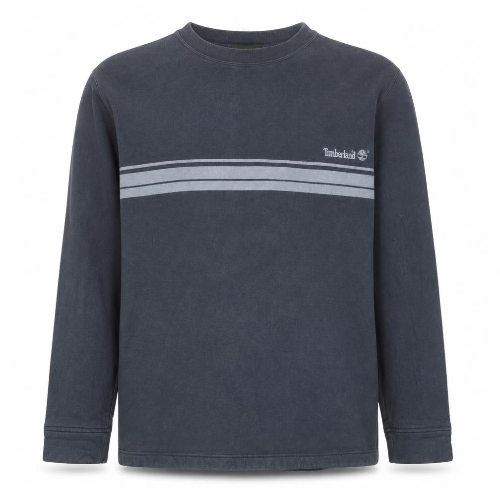 Front view of Timberland boys’ black striped crew neck fleece pullover sweatshirt 16 years