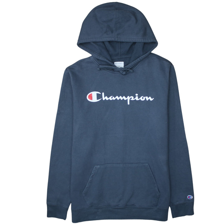 Champion Men Blue Pullover Hoodie L Graphic Logo Fleece Sweatshirt