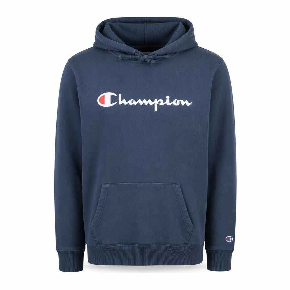 Front view of Champion Men Blue Pullover Hoodie L Graphic Logo Fleece Sweatshirt