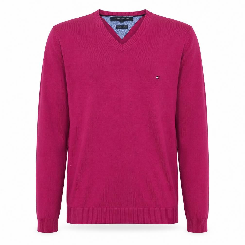 Front view of Tommy Hilfiger Men's Pink V-Neck Cotton Jumper, size M