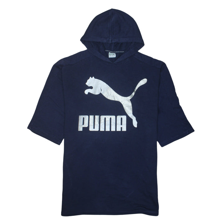 Puma Women Navy Blue Short Sleeve Hoodie UK 14 Logo Cotton