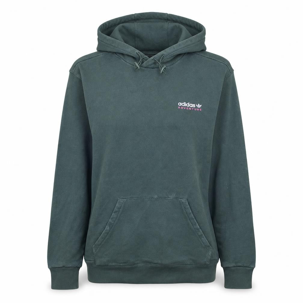 Front view of Adidas Adventure women’s green pullover hoodie, size M, classic fit