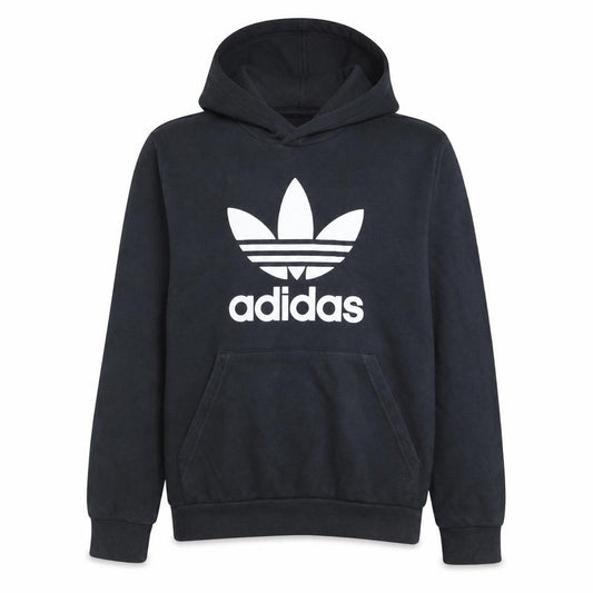 Front view of Adidas boys’ black pullover hoodie l 13-14 years classic trefoil sweatshirt