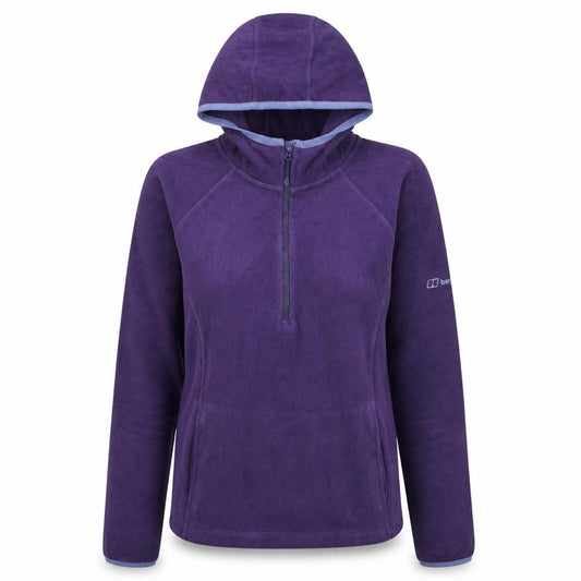 Front view of Berghaus women’s purple fleece hoodie, size UK 10, 1/2 zip outdoor top