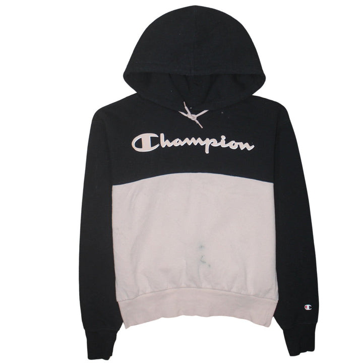 Champion Women Black Beige Pullover Hoodie Medium Logo Graphic Sweatshirt
